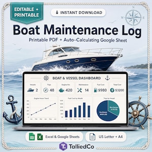 Può includere: Un modello digitale di registro di manutenzione per barche su un portatile, che mostra una dashboard con grafici e dati. Il design include elementi nautici come un'ancora, un timone e una bussola su un bordo a forma di corda.