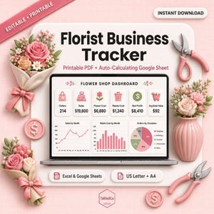 Kalkylblad för blomsteraffärer i Google Sheets + utskrivbart format | Orderspårning för blomsteraffärer, receptkostnad och svinnlogg i PDF-format
