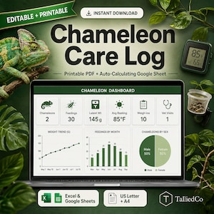 May include: A digital Chameleon Care Log dashboard displayed on a laptop screen, featuring charts for weight trends, monthly feedings, and sex distribution, alongside text for feedings, weight, and vet visits, with a green theme and foliage.