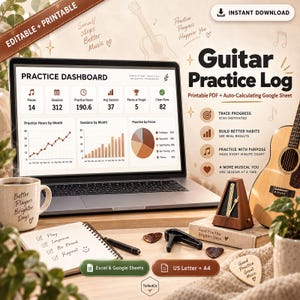 May include: A digital guitar practice log displayed on a laptop screen, featuring a dashboard with charts and data. The scene includes a wooden metronome, a guitar, a notebook with a pen, and guitar picks, all arranged on a desk with text overlays.