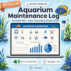 May include: An aquarium maintenance log digital template featuring a laptop screen displaying an aquarium dashboard with charts, graphs, and data for tanks, pH levels, and nitrates. Includes a blue and yellow fish, a pH test tube, and aquatic plants.