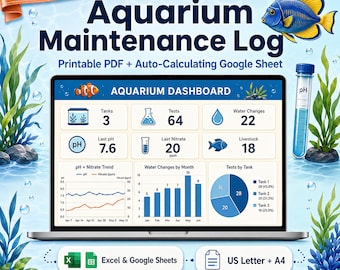 Aquarium Maintenance Log Printable + Google Sheets | Fish Tank Water Test, Parameter Tracker, Water Change, Feeding Schedule, Fishkeeper PDF