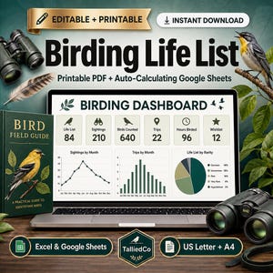May include: A digital birding life list tracker featuring a laptop displaying a Birding Dashboard with charts and statistics, a green Bird Field Guide book, and black binoculars. The text includes Birding Life List, Printable PDF, and Auto-Calculating Google Sheets.