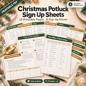 Pode incluir: Um conjunto de 15 folhas de inscrição imprimíveis para festas de Natal, com tabelas para pratos, nomes e informações dietéticas. Os documentos incluem guias de organização, tabelas de porções e etiquetas, num esquema de cores verde e dourado.