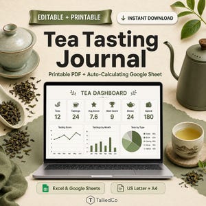 Peut inclure: Un journal de dégustation de thé numérique affiché sur un écran d'ordinateur portable, présentant un tableau de bord avec des graphiques et des statistiques. L'image inclut des textes comme Editable + Printable, Instant Download et Excel & Google Sheets.