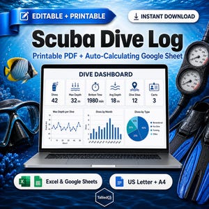 May include: A digital scuba dive log template displayed on a laptop screen, featuring a dive dashboard with charts, metrics, and icons. The background shows underwater scenery with a fish, a diving mask, and a pressure gauge with blue fins.