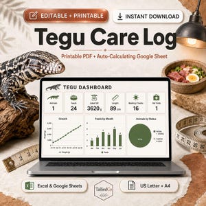 Op de afbeelding: Een digitaal Tegu Care Log dashboard op een laptopscherm, met grafieken voor groei, voedingsfrequentie en status. De interface bevat tekstlabels voor Tegu Dashboard, dieren, voedingen, gewicht in gram en lengte in centimeters.
