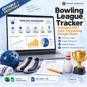 May include: A laptop displaying a Bowling League Tracker dashboard with stats, alongside a blue bowling ball, a pair of blue and white bowling shoes, a white bowling pin, a gold trophy, and a paper score sheet with a yellow pencil on a table.