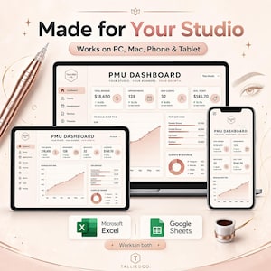 Può includere: Un'interfaccia digitale PMU Dashboard visualizzata su un portatile, un tablet e uno smartphone, con accenti in oro rosa, grafici di dati e metriche di ricavo. Include uno stilo in oro rosa e i loghi di Microsoft Excel e Google Sheets.