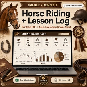 Può includere: Una dashboard digitale Horse Riding + Lesson Log visualizzata su uno schermo di un portatile, con grafici e metriche per corse, ore e obiettivi. L'immagine include una testa di cavallo, un cap, un ferro di cavallo, una coccarda e un diario in pelle.