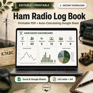 May include: A digital Ham Radio Log Book dashboard displayed on a laptop screen, featuring charts and data for stations, contacts, and bands. The image includes text labels like Editable + Printable, Instant Download, and US Letter + A4.
