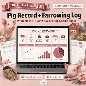 May include: A digital Pig Record and Farrowing Log template displayed on a laptop screen, featuring a Pig Dashboard with charts, data tables, and icons. The layout includes printable documents, a metal scoop of feed, and pig illustrations.
