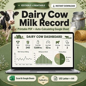 Puede incluir: Un panel digital de registro de leche de vaca en la pantalla de una computadora portátil, con gráficos de datos, estadísticas de rendimiento de leche y métricas de estado del rebaño, incluyendo iconos para la gestión de la granja.
