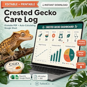 Pode incluir: Um registo digital de cuidados para lagartixas-de-crista num ecrã de portátil, com um painel que mostra gráficos, tendências de peso e dados de alimentação. Inclui um pequeno recipiente de comida e etiquetas de texto para PDF e folhas.