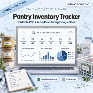 Skafferiinventeringsspårning Google Sheets + Utskrivbart | Köksinventeringskalkylblad, Matförvaring för kyl och frys + Automatisk inköpslista PDF