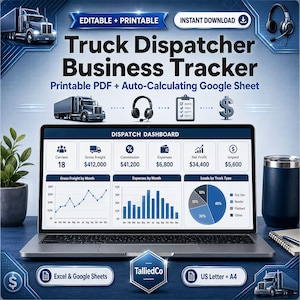 Puede incluir: Un rastreador de negocios para despachadores de camiones en una pantalla de portátil, con un panel de control que muestra gráficos, datos financieros e iconos de camiones y auriculares. El texto incluye "Editable + Printable" y "Dispatch Dashboard".