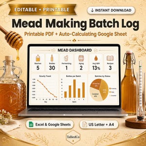 May include: A digital Mead Making Batch Log displayed on a laptop screen, featuring a Mead Dashboard with charts and data. The image includes a honey dipper, a glass jug of honey, a glass bottle, and a hydrometer, with text reading Editable + Printable, Instant Download, and Mead Making Batch Log.