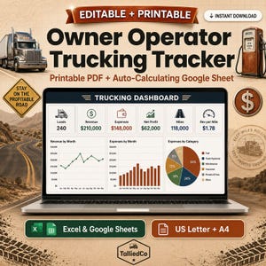 May include: A digital Owner Operator Trucking Tracker displayed on a laptop screen, featuring a dashboard with loads, revenue, expenses, net profit, miles, and revenue per mile metrics, alongside monthly charts and an expense category pie chart.