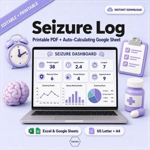 Può includere: Un tracker digitale per il registro delle crisi epilettiche con un portatile che mostra una dashboard, circondato da una sveglia viola, una cartellina, un modello di cervello e un flacone di pillole su uno sfondo a griglia viola.