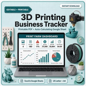 May include: A 3D printing business tracker digital template featuring a laptop displaying a print farm dashboard with revenue and profit data. Includes a 3D printer nozzle, a filament spool, a PLA bottle, a dragon figurine, and tools on a pegboard.