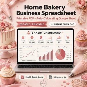 Puede incluir: Una hoja de cálculo digital para un negocio de pastelería casera en la pantalla de una computadora portátil, con un panel de control que muestra gráficos, ingresos y gastos. La imagen incluye texto como Home Bakery Business Spreadsheet y Printable PDF.