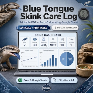 Può includere: Un registro digitale per la cura dello scinco dalla lingua blu visualizzato su uno schermo di un portatile, con una dashboard che mostra grafici su peso, alimentazione e sesso. Include testo per PDF stampabile e Google Sheets per A4.