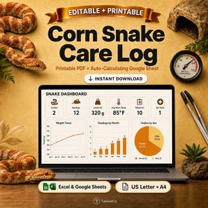 Puede incluir: Un registro digital de cuidados para serpientes del maíz en la pantalla de un portátil, con un panel de control que muestra tendencias de peso, gráficos de alimentación y distribución por sexo. Incluye texto sobre serpientes, peso y temperatura.