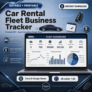 May include: A digital Car Rental Fleet Business Tracker displayed on a laptop screen, featuring a dashboard with metrics for vehicles, rental days, revenue, net profit, and utilisation. Includes charts for revenue, maintenance, and booking length.