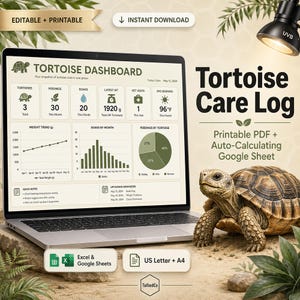 May include: A digital tortoise care log displayed on a laptop screen, featuring a dashboard with charts, weight trends, and feeding data. The interface includes text labels like Tortoise Dashboard, and the set includes printable PDF and Google Sheet files.