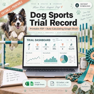 May include: A digital dog sports trial record tracker featuring a laptop displaying a trial dashboard with data charts, a notebook with a checklist, a green pen, and a teal award ribbon. The text includes Dog Sports Trial Record and Printable PDF.