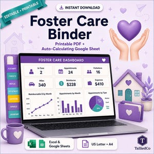 Puede incluir: Un kit digital de carpeta para cuidado temporal que incluye una computadora portátil con un panel de control, una carpeta morada con pestañas, una taza morada con un corazón, un modelo de casa pequeña y un archivador en tono morado.