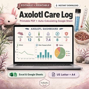 May include: A digital Axolotl Care Log displayed on a laptop screen, featuring an Axolotl Dashboard with data charts, water test results, and status tracking. The image includes a pink axolotl, a water test vial, a thermometer, and a bowl of food.