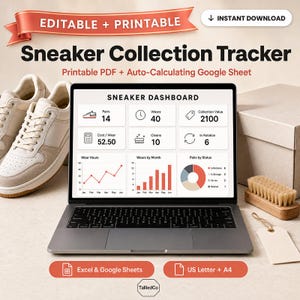 May include: A digital sneaker collection tracker displayed on a laptop screen, featuring a dashboard with metrics like pairs, wears, and collection value. The image includes a pair of beige sneakers, a cleaning brush, and a blank tag, with text labels.