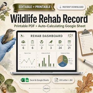 May include: A digital wildlife rehabilitation record system featuring a laptop displaying a dashboard with patient statistics, charts, and graphs. Includes printable PDF and Google Sheet templates, a clipboard, and decorative bird and leaf illustrations.