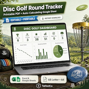 Scheda segnapunti per disc golf stampabile + Fogli Google / Scheda punteggi, registro punteggi, tracciamento percorso, statistiche, regalo per disc golfisti in formato PDF