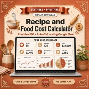 May include: A digital recipe and food cost calculator displayed on a laptop screen, featuring a dashboard with charts, sales data, and ingredient metrics. The design includes icons of kitchen tools, a rolling pin, and text labels for PDF and Google Sheets.
