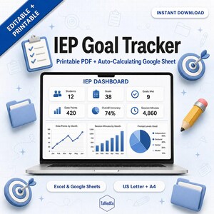 Peut inclure: Un tableau de bord numérique IEP Goal Tracker affiché sur un écran d'ordinateur portable, avec des graphiques, des données et des mesures. Le design inclut des icônes bleues, un crayon, des dossiers et des cibles, avec le texte Editable + Printable.