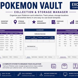 May include: A digital Excel template titled Pokemon Vault Collection & Storage Manager. The layout includes a collection database, dashboard, and storage locations table. Features include inventory tracking, wishlist management, and a purchase log.