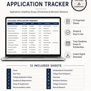 Può includere: Un tracker digitale per le domande di ammissione al college visualizzato su uno schermo di un portatile, con colonne per nomi delle università, scadenze, stato, saggi, borse di studio e decisioni. Include 12 fogli organizzati per il monitoraggio.