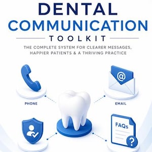 Può includere: Un'infografica Dental Communication Toolkit con un'icona centrale di un dente bianco su base blu. Le icone circostanti includono un telefono blu, una busta e-mail, uno scudo con una persona e un segno di spunta, e un documento etichettato come FAQs.