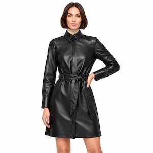 Women’s Black Leather Coat Belted Long Sleeve Jacket