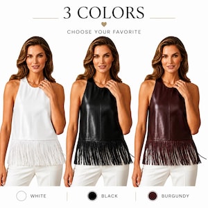 Puede incluir: Una blusa sin mangas con cuello redondo y dobladillo con flecos, disponible en blanco, negro y burdeos. El texto en la parte superior dice 3 COLORS CHOOSE YOUR FAVORITE, con las etiquetas white, black y burgundy en la parte inferior.