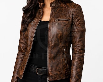 Handmade Women's Brown Leather Jacket | Vintage Distressed Cafe Racer Biker Jacket