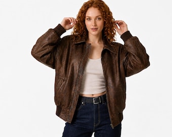 Women's Vintage Distressed Brown Leather Bomber Jacket | Oversized Aviator Flight Jacket | Handmade Genuine Leather Coat