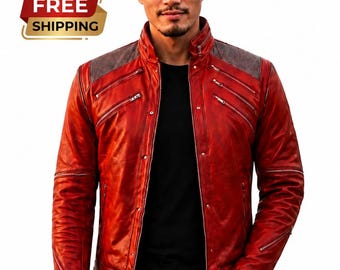 Men's Handmade Red Leather Jacket | Vintage Biker Moto Jacket | Genuine Lambskin Cafe Racer Coat | Premium Fashion Leather Jacket