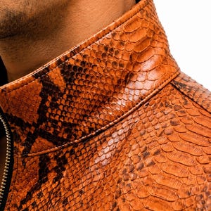 May include: A high-neck jacket featuring a vibrant orange and dark brown snakeskin pattern. The garment is constructed with a structured collar and a visible black zipper closure along the front edge, showcasing a detailed, textured scale design.