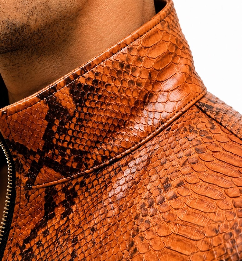 May include: A high-neck jacket featuring a vibrant orange and dark brown snakeskin pattern. The garment is constructed with a structured collar and a visible black zipper closure along the front edge, showcasing a detailed, textured scale design.