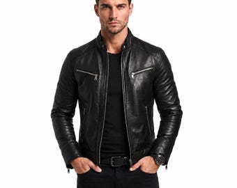 Men's Black Genuine Leather Cafe Racer Motorcycle Biker Jacket Handmade