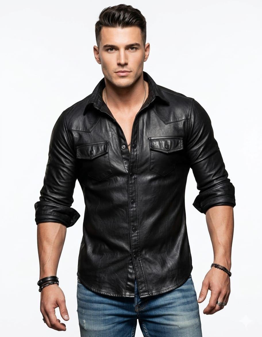 Handmade Men's Black Leather Shirt Genuine Sheep Leather Button Down Shirt Slim Fit Western Style Leather Top Luxury Men's Fashion