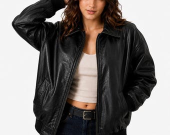 Women's Black Leather Bomber Jacket, Oversized Vintage Leather Jacket, Classic Zip-Up Motorcycle Coat, Everyday Outerwear